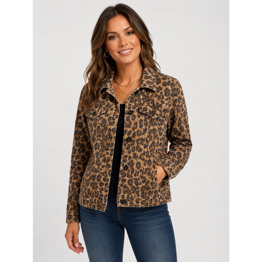Style & Co Denim Leopard Print Stretch Jean Jacket Women's Medium Animal Print